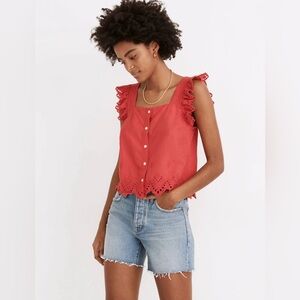 Madewell Eyelet Ruffle-Strap Button-Up Tank Top, red, XXS, worn